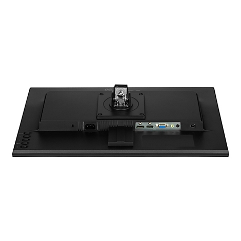 Rückseite eines schwarzen Monitors. Anschlüsse für Strom, HDMI, VGA, Audio und USB. Einstellbare Halterung.