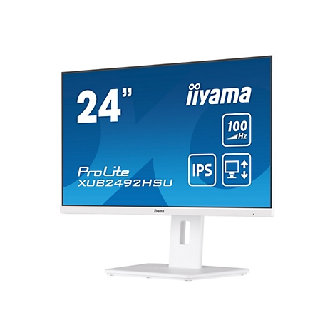 Weißer iiyama 24 Zoll Monitor ProLite XUB2492HSU mit 100Hz IPS-Panel auf einem weißen Standfuß vor weißem Hintergrund.