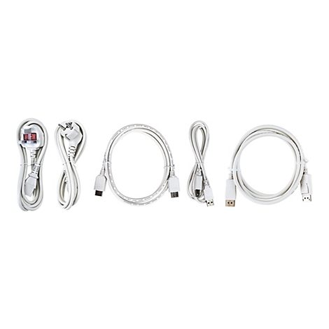 Fünf verschiedene weiße Kabel für Strom und Datenübertragung, nebeneinander auf weißem Hintergrund angeordnet.
