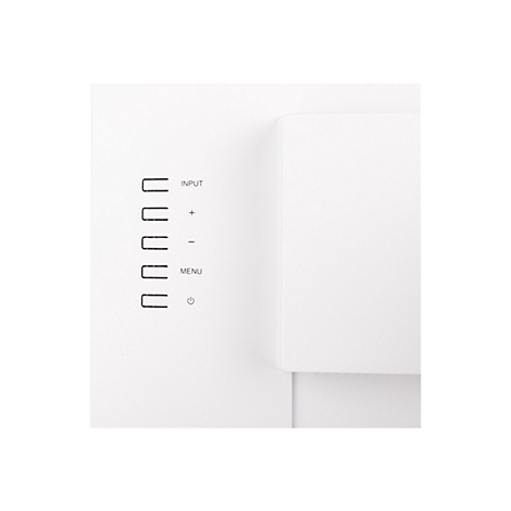 Nahaufnahme einer weißen Monitorseite mit Bedienelementen, darunter Input, Plus, Minus, Menü und ein Ein-/Ausschalter-Symbol.