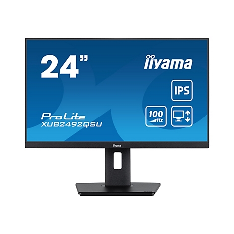 Ein schwarzer iiyama Monitor mit blauem Hintergrund. Auf dem Bildschirm stehen die Größenangabe 24", der Markenname iiyama und weitere technische Spezifikationen.