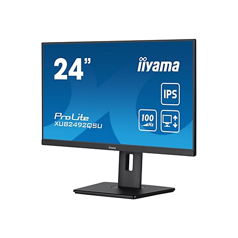 Ein schwarzer Monitor, der auf einem Tisch steht. Auf dem Bildschirm steht 24", iiyama, IPS, 100 Hz und ProLite XUB2492QSU.