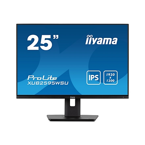 Monitor mit blauem Bildschirm. Auf dem Bildschirm stehen die Größenangabe 25", der Markenname "iiyama" und technische Daten wie "IPS" und "1920 x 1200".