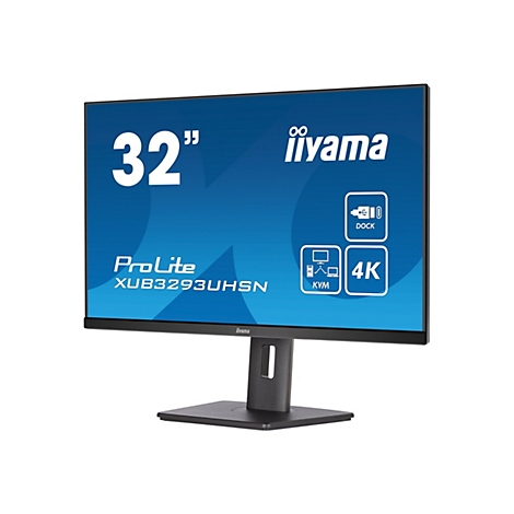 Ein 32 Zoll iiyama ProLite XUB3293UHSN Monitor vor weißem Hintergrund. Der Monitor zeigt blaue Grafiken mit Symbolen und Text.