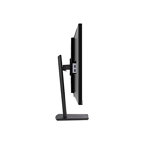 Seitenansicht eines schwarzen Monitors mit Standfuß. Zwei USB-Anschlüsse sind zu sehen.