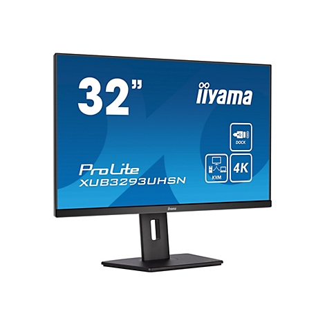 Ein 32-Zoll-Monitor der Marke iiyama, ProLite, mit blauen Bildschirm, der verschiedene Funktionen, wie 4K, anzeigt.