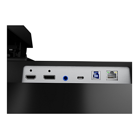 Nahaufnahme einer schwarzen Geräteunterseite mit Anschlüssen, darunter HDMI, USB, Audio, Ethernet.