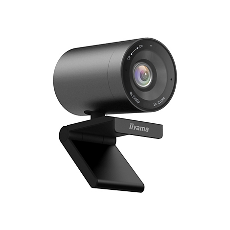 Schwarze Webcam mit Objektiv und Halterung. Auf dem Objektiv stehen 4K 2160p und 5x Zoom, daneben die Marke Iiyama.