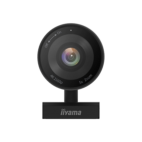 Schwarze Webcam mit Objektiv, 5x Zoom und 4K 2160p AuflÃ¶sung. Aufschrift iiyama.