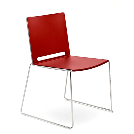 Red chair with a steel frame, side view. The seat is smooth and the back has a slot.