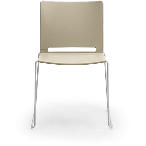 Chair with cream-colored seat and back, light metal frame. The backrest has a horizontal hole.