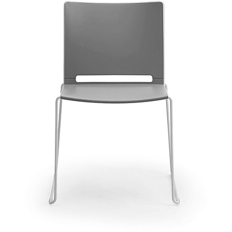 Grey chair with white legs. Backrest and seat are plastic, legs are metal.