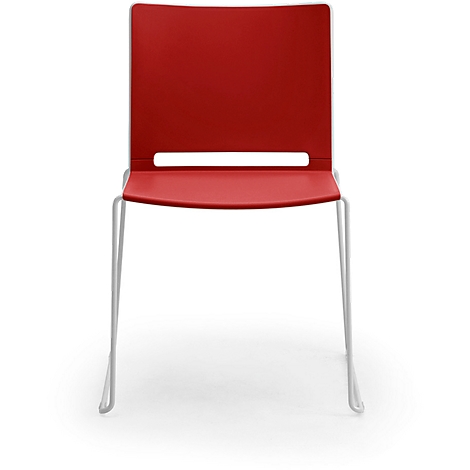 A red chair with white legs, isolated against a white background. The backrest has a rectangular cutout.