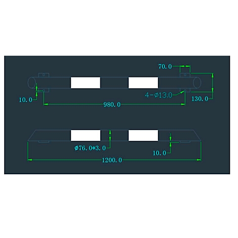 Technical drawing of a component. Top: Side view with dimensions. Bottom: Top view with dimensions. Text and lines in green, dark blue background.