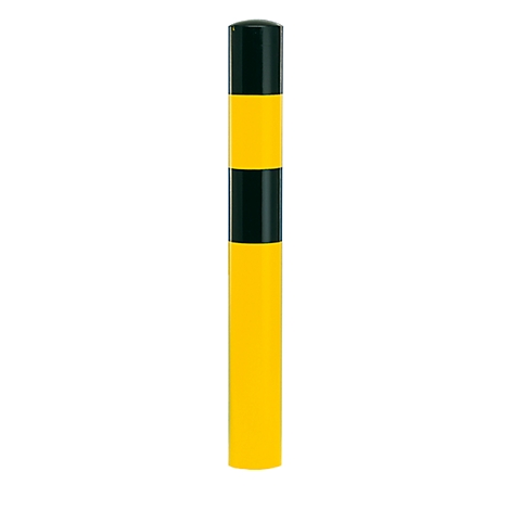 Yellow and black bollard against a white background. Black at the top and bottom, yellow and black in between.