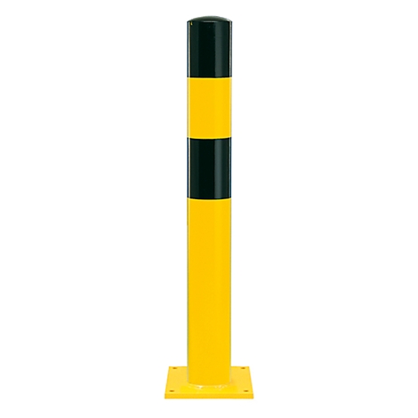 Yellow bollard with black stripes, against a white background.