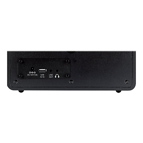 Schwarzes Audiogerät, Rückseite. Anschlüsse: DC, USB, Line Out, Kopfhörer. Schrauben.