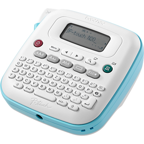Une étiqueteuse blanche et bleue avec clavier et écran. L'écran affiche "P-touch 120".