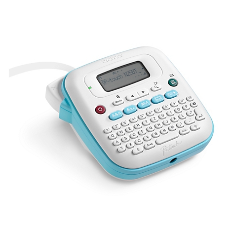 Une étiqueteuse blanche et bleue avec un clavier et un écran, avec le texte 'P-touch' et 'Brother'.