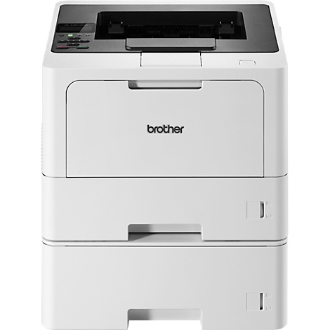 Une imprimante laser blanche Brother. Le nom de la marque est sur le devant. Il y a plusieurs bacs à papier en dessous.