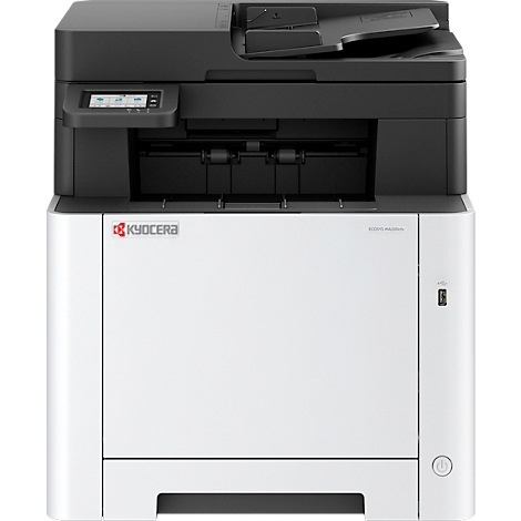 Imprimante noir et blanc, logo Kyocera, panneau de contrôle, sortie papier, port USB, bouton d'alimentation.