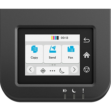 Gros plan sur l'écran de l'imprimante avec les options de menu : Copier, Envoyer, Faxer. Haut : Affichage couleur et heure.