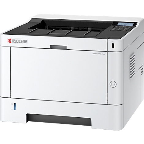 Imprimante Kyocera blanche. Haut avec sortie papier, panneau de contrôle à droite. Fentes de ventilation latérales, port USB.