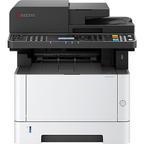 Imprimante multifonction noir et blanc de Kyocera. Panneau de commande supérieur, en dessous une sortie papier. Base blanche avec bouton d'alimentation.