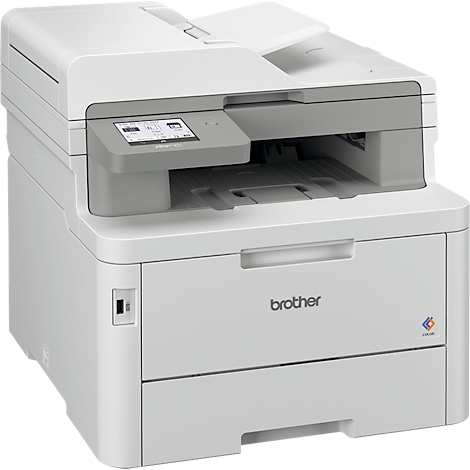 Imprimante multifonction Brother blanche avec écran tactile couleur. Le bac à papier est ouvert.