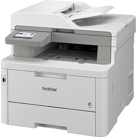Une imprimante multifonction Brother blanche avec le couvercle ouvert. Le logo Brother et un symbole d'impression couleur sont visibles à l'avant.