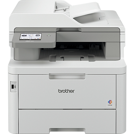 Une imprimante multifonction Brother blanche, des détails comme l'écran tactile et le bac de sortie papier sont visibles.