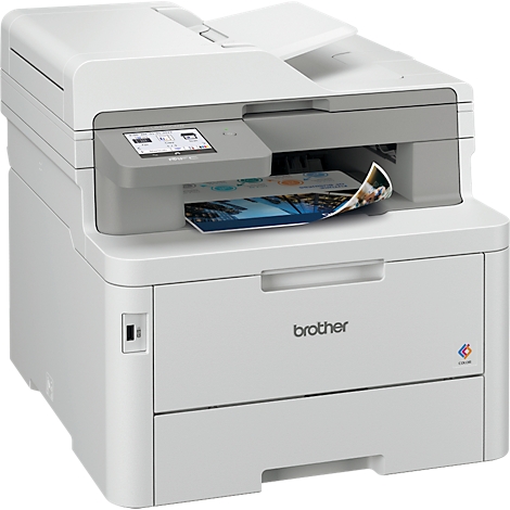 Imprimante multifonction Brother blanche avec impression couleur et écran tactile, une feuille couleur est en cours d'impression.