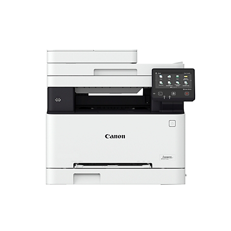 Imprimante multifonction Canon blanche. Avec écran, sortie papier et lettrage Canon.