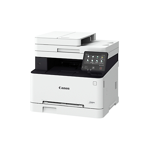 Imprimante multifonction Canon blanche avec panneau de commande tactile. Le logo Canon est affiché sur l'appareil.