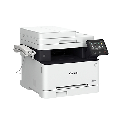 Imprimante multifonction Canon blanche avec écran tactile et combiné téléphonique.