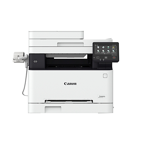 Imprimante multifonction Canon blanche, avec panneau de commande et grand bac à papier.