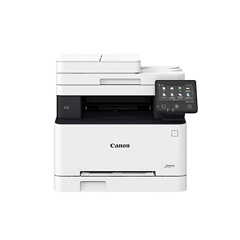 Imprimante laser Canon blanche avec écran tactile. L'appareil se trouve sur un fond blanc.