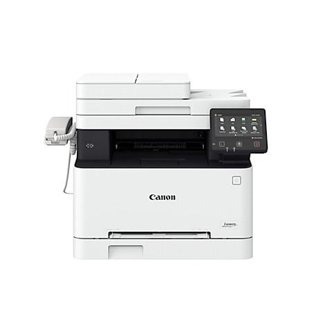 Imprimante multifonction Canon blanche avec écran tactile et combiné téléphonique.
