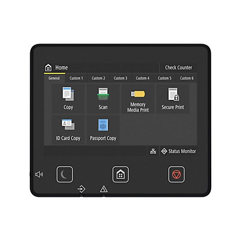 Écran tactile d'un appareil multifonction avec options de menu pour copier, numériser, enregistrer, imprimer en toute sécurité, etc.