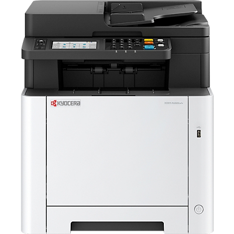Imprimante multifonction Kyocera blanche et noire, vue de face. Il y a un scanner en haut, un panneau de contrôle et une cassette à papier en dessous.