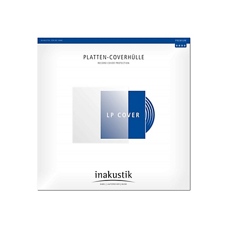 Produktverpackung für Inakustik Platten-Coverhüllen mit weißem Hintergrund und blauem Design.