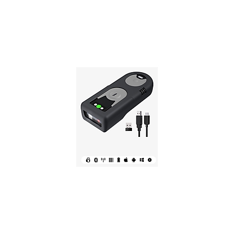 Schwarzer Barcode-Scanner mit Zubehör wie USB-Kabel und USB-Dongle. Eine grüne LED leuchtet.