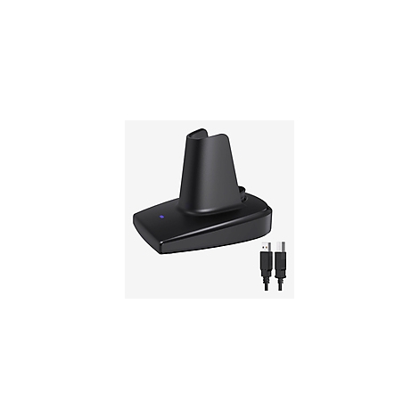 Schwarze Ladestation mit USB-Kabeln. Sie hat eine blaue LED-Anzeige.