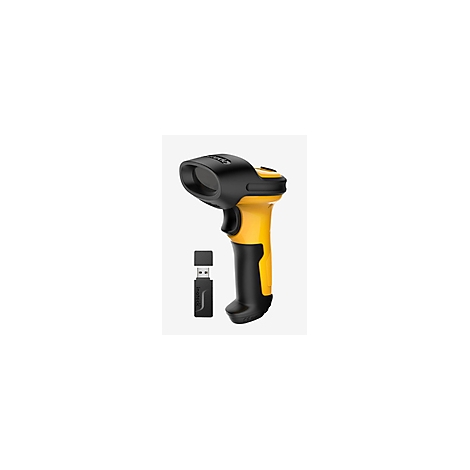 Gelb-schwarzer Barcode-Scanner mit USB-Empfänger auf hellem Hintergrund.