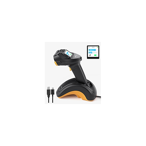 Ein kabelloser Barcode-Scanner mit Ladestation. Der Scanner zeigt ein kleines Display mit blau-weißen Anzeigen und ist neben einem Tablet abgebildet, das Informationen anzeigt.