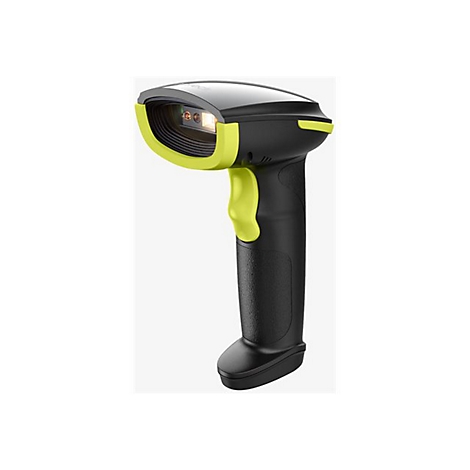 Ein schwarzer Barcodescanner mit gelben Akzenten liegt vor hellem Hintergrund. Der Scanner hat eine ergonomische Form und einen gelben Auslöser.