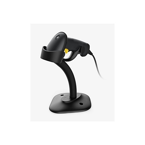 Schwarzer Barcode-Scanner in Halterung, gelber Knopf.
