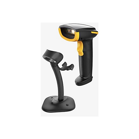 Ein schwarzer Barcodescanner mit gelben Akzenten und einer Dockingstation. Der Scanner ist angehoben.