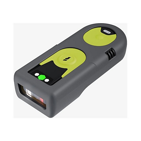 Grauer Barcode-Scanner mit grünen Akzenten und Knöpfen. Unten ein rotes Lesefenster mit grüner LED.