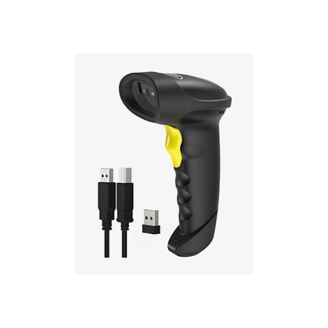 Schwarzer Barcode-Scanner mit gelbem Akzent, neben USB-Kabeln. Detailansicht.